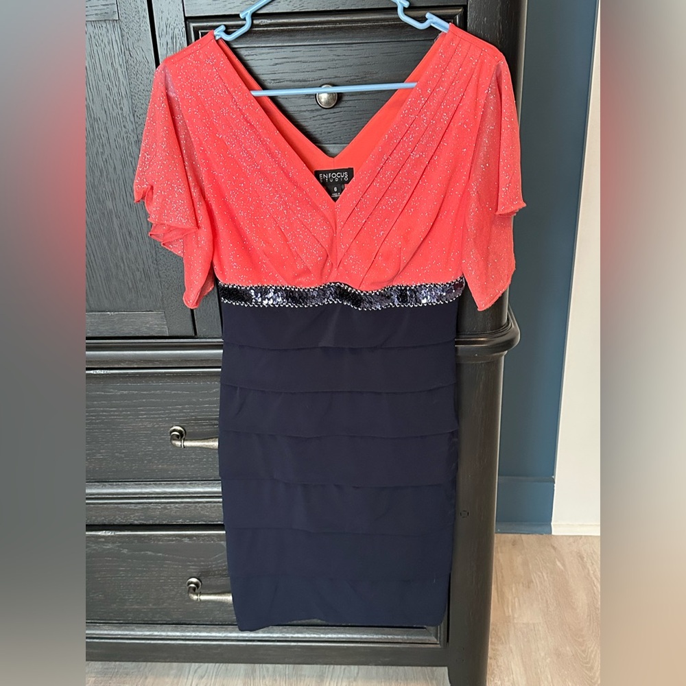 Enfocus Studio coral and navy dress, size 6
